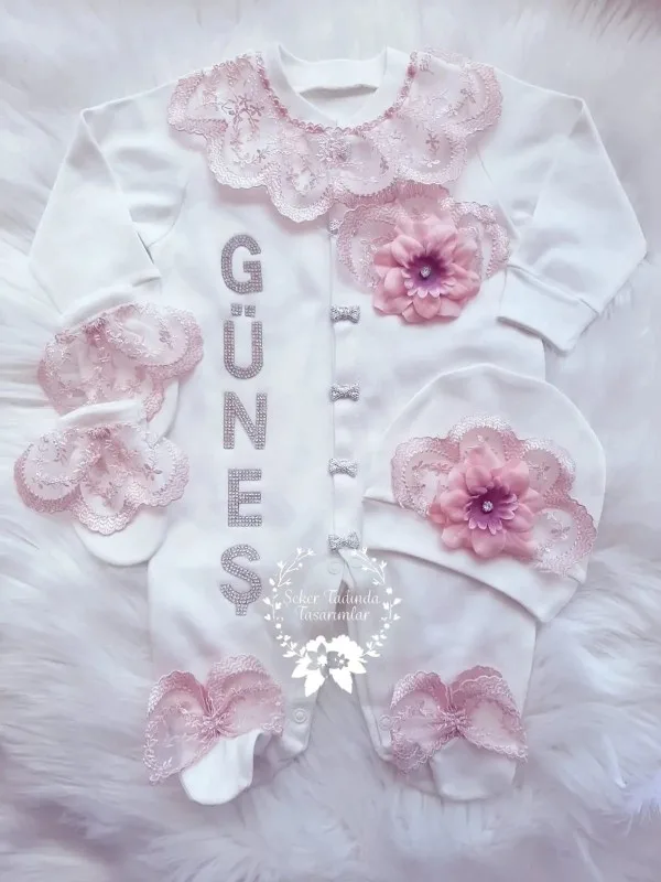 Pudra Güpür-Çiçek Detaylı Tulum Seti