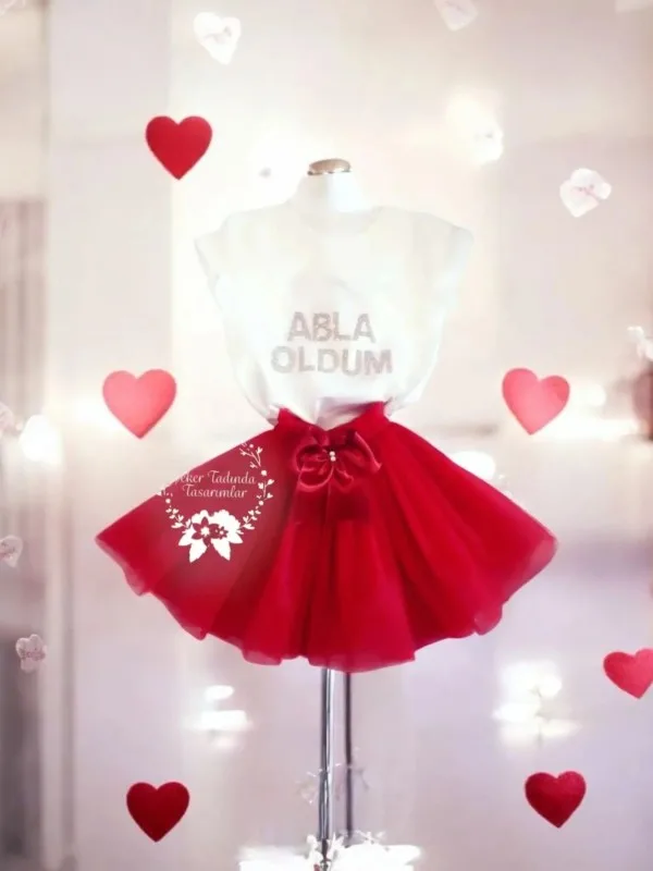 Tütülü Abla Oldum Seti – Tütü Etek, Tişört ve Taç - Kırmızı