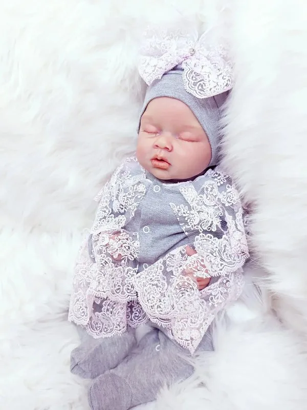 Gri Tulum Pembe Fransız Güpürlü Kız Bebek Tulum Seti