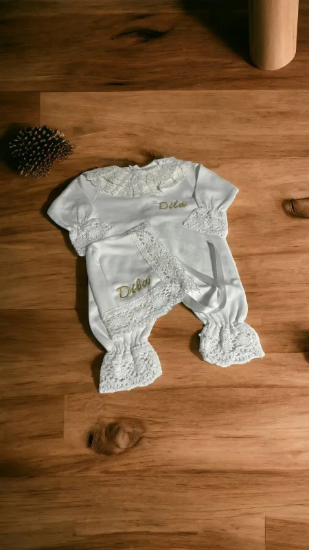 Nakışlı Kız Bebek %100 Pamuk Penye Tulum Set