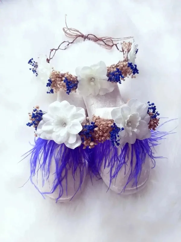 Mavi Detaylı Lohusa Taç Terlik Seti