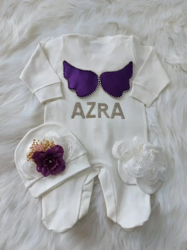 Mor Şebboy Detaylı Güpürlü Kız Bebek Tulum Seti