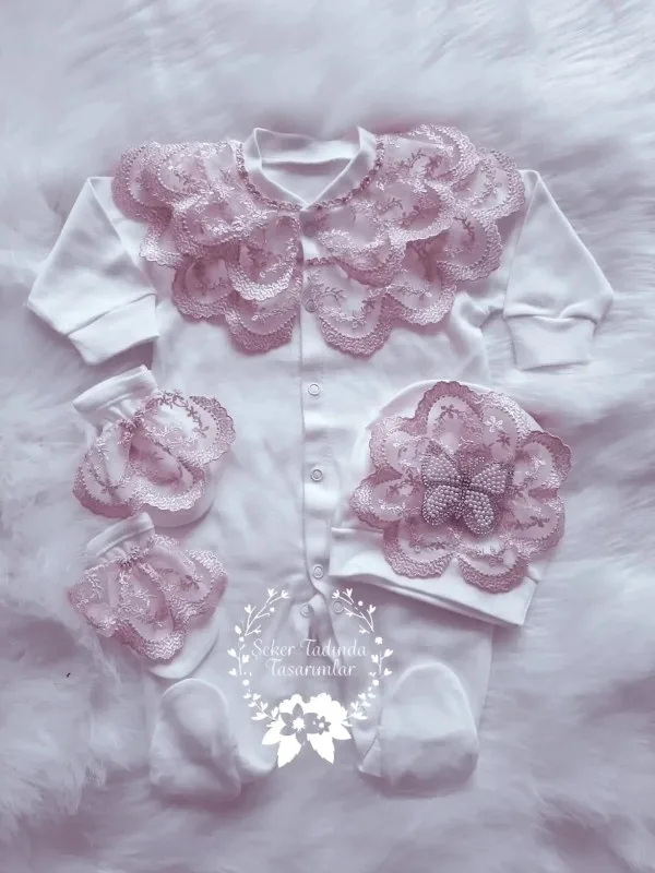 Kelebek Detaylı Tulum Set-Pudra