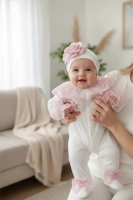Kız Bebek Pudra Gül Ve Güpür Detaylı Tulum Seti