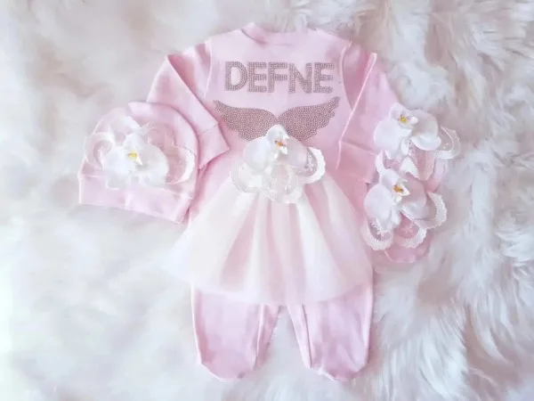 Orkide Detaylı Kız Bebek Pembe Tulum Seti