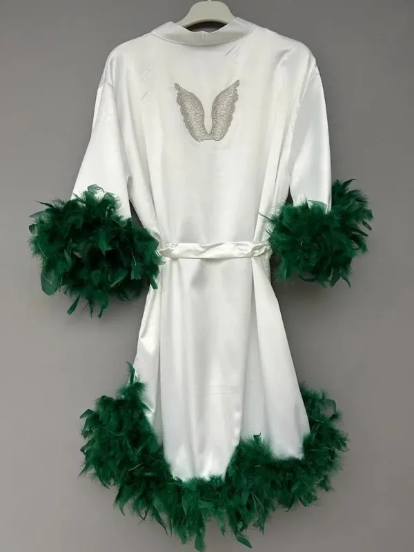 Etekleri Ve Kolları Tüylü Sabahlık-Beyaz/Yeşil