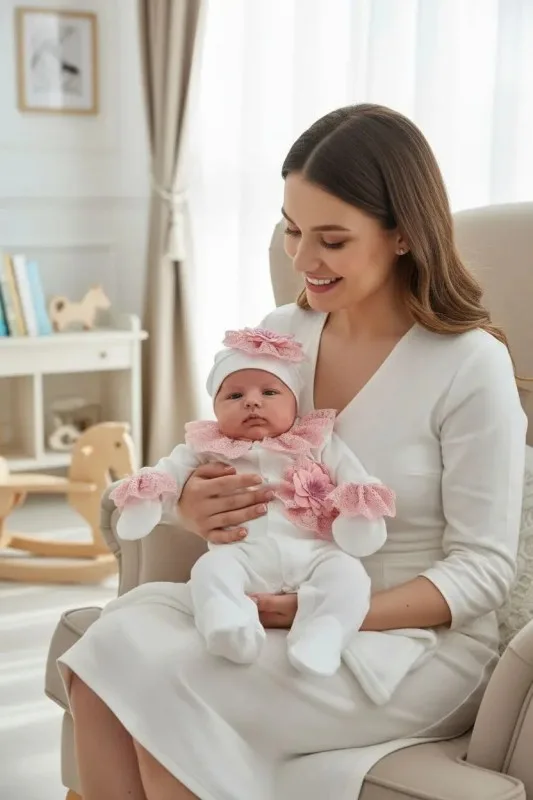 Yakası Pudra Güpür Detaylı Tulum Seti