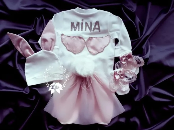 Kız Bebek Tavşan Tulum Set-Pudra Tütülü