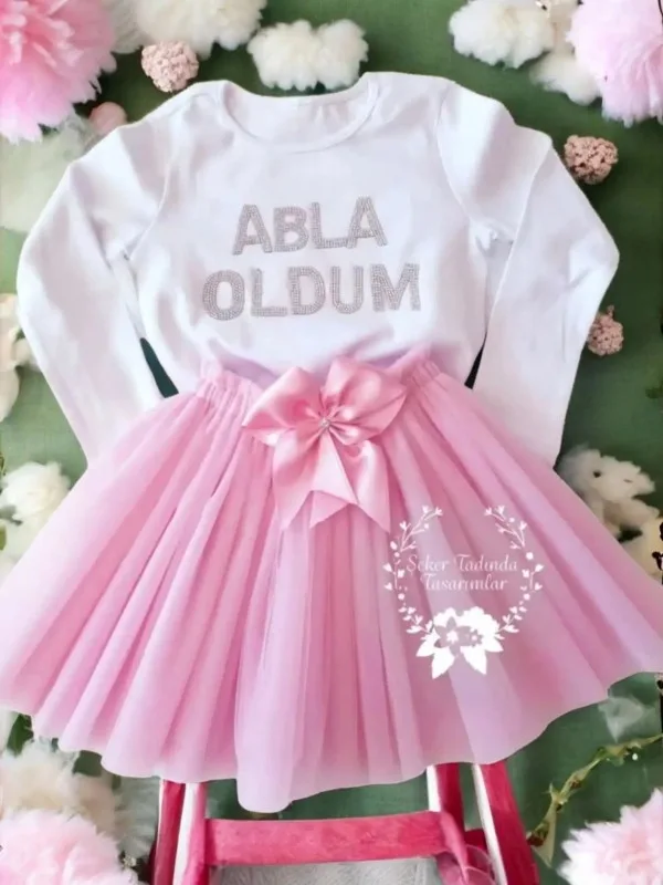 Tütülü Abla Oldum Seti – Tütü Etek, Tişört - Şeker Pembe