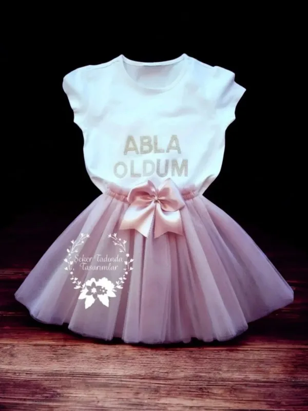 Tütülü Abla Oldum Seti – Tütü Etek, Tişört - Pudra Pembe