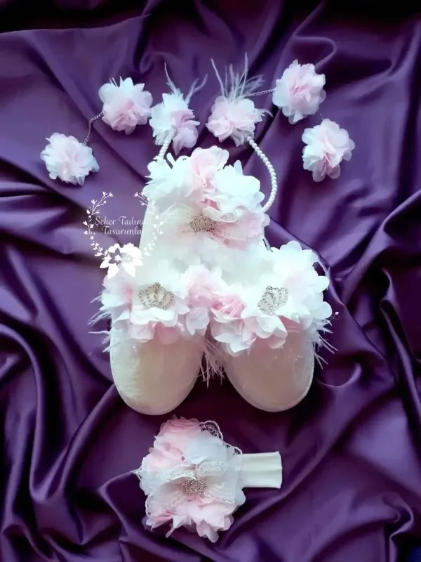 Lazer Kesim Çiçek Taç Terlik Bebek Bandı Seti