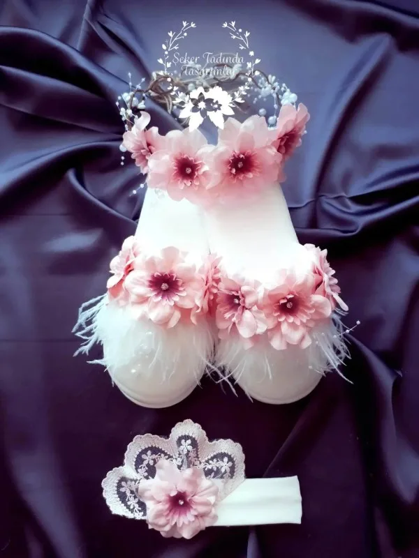 Pembe Şebboy Lohusa Taç Terlik Bebek Bandı Seti