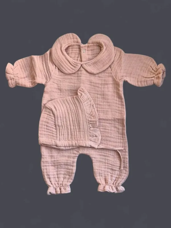 Bebe Yaka Müslin Tulum Set - Pudra