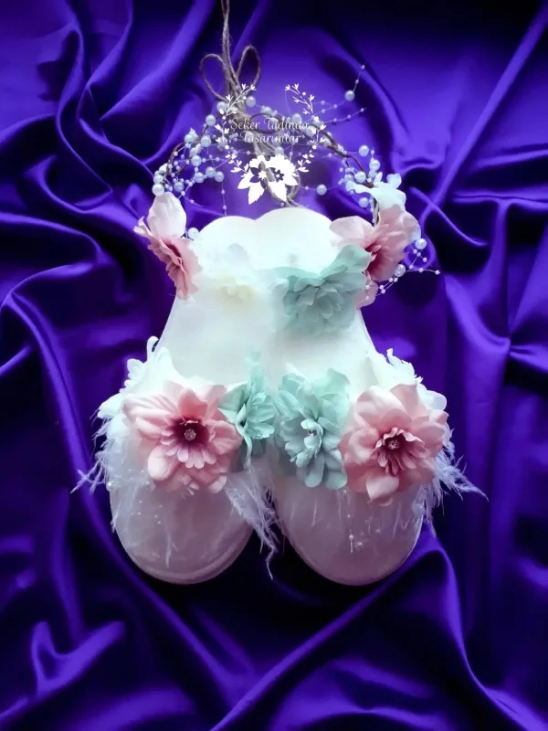 Su Yeşili/Pembe Taç Terlik Seti