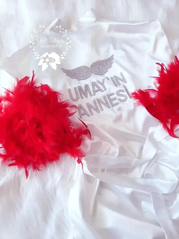 Beyaz Lohusa Sabahlık-Kırmızı Otrişli