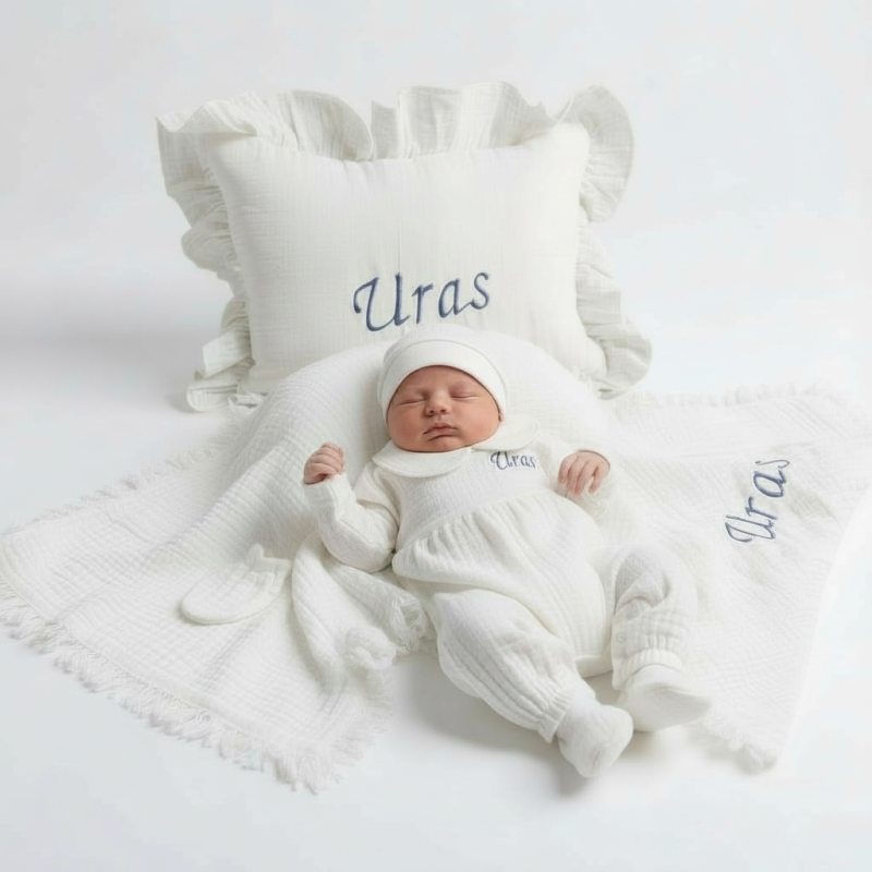 %100 Organik 4 Katlı Müslin Tulum,Yastık Ve Battaniye Seti