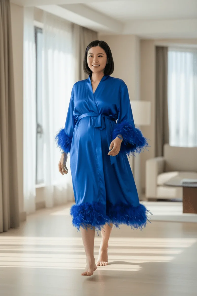 Etekleri Ve Kolları Tüylü Sabahlık-Sax Mavi