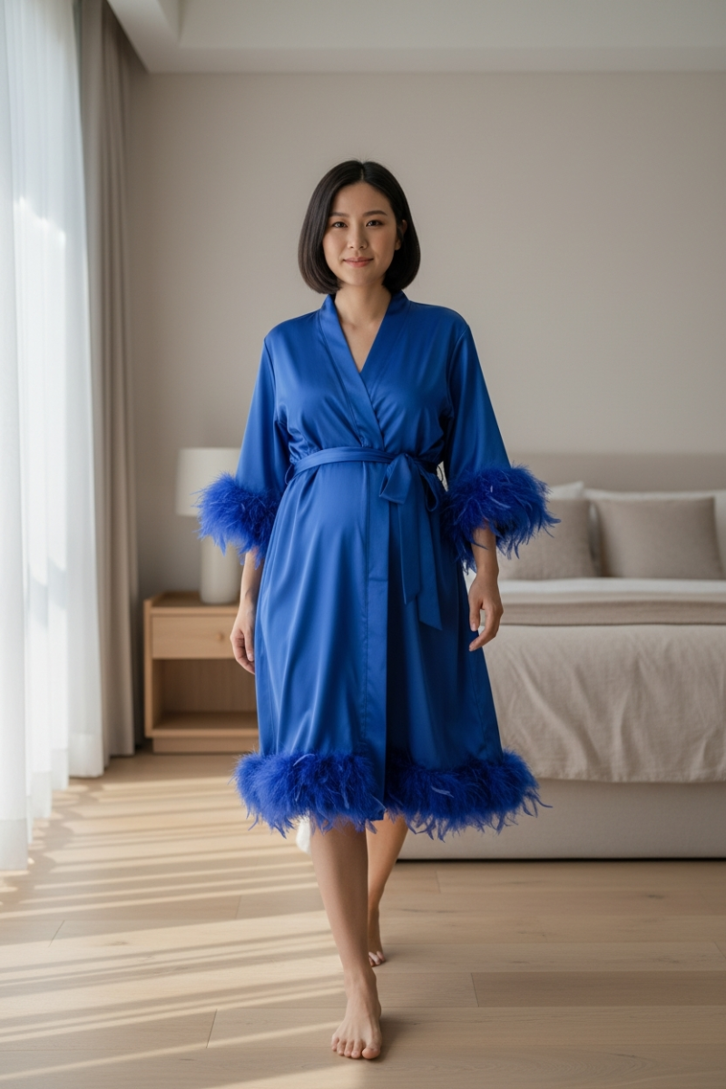 Etekleri Ve Kolları Tüylü Sabahlık-Sax Mavi