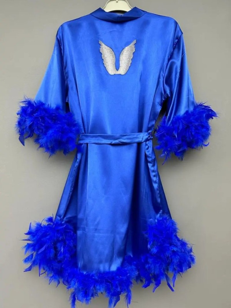 Etekleri Ve Kolları Tüylü Sabahlık-Sax Mavi