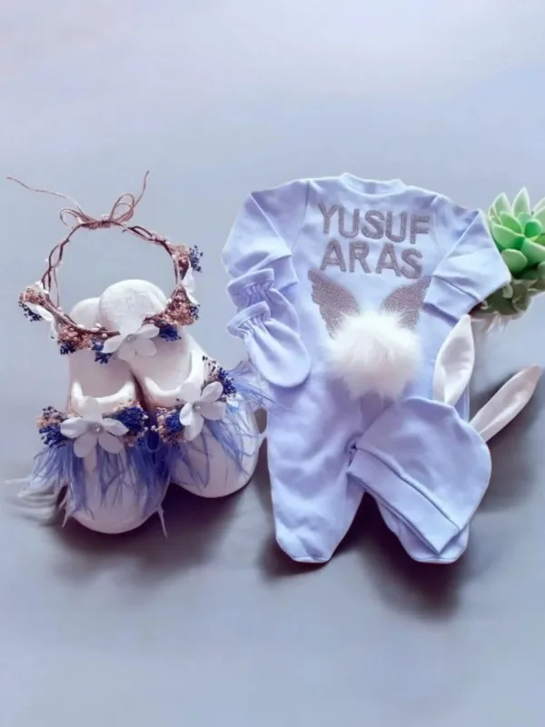 Mavi Detaylı Anne Bebek Hastane Çıkış Seti  100% Pamuk Tulumlu Şık Tasarım