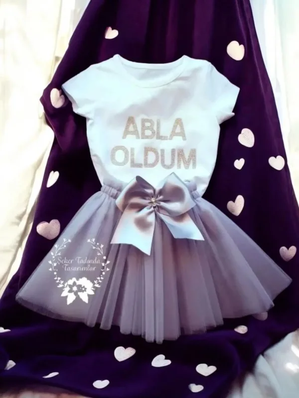 Tütülü Abla Oldum Seti – Tütü Etek, Tişört ve Taç - Gri