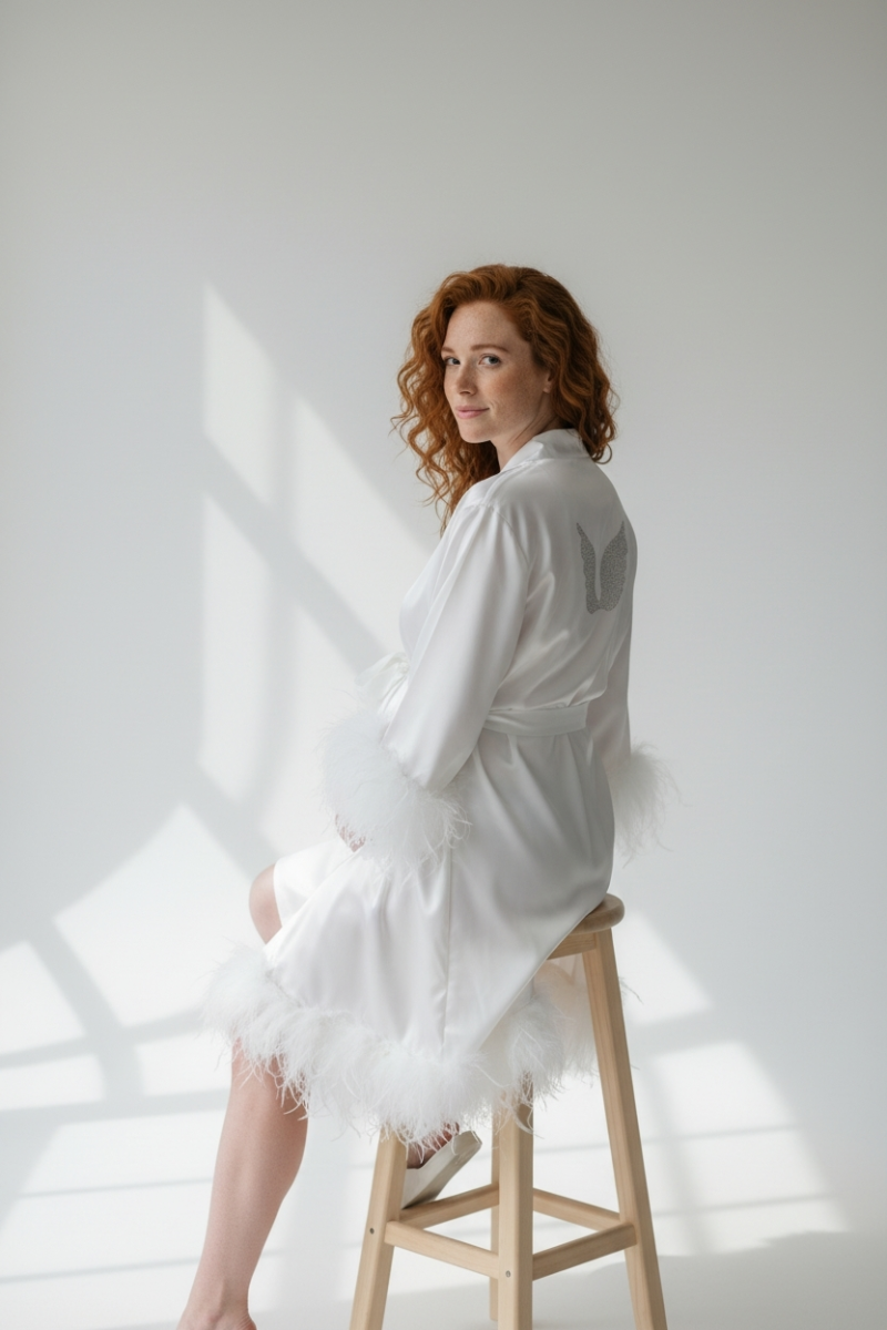 Etekleri Ve Kolları Tüylü Sabahlık-Beyaz