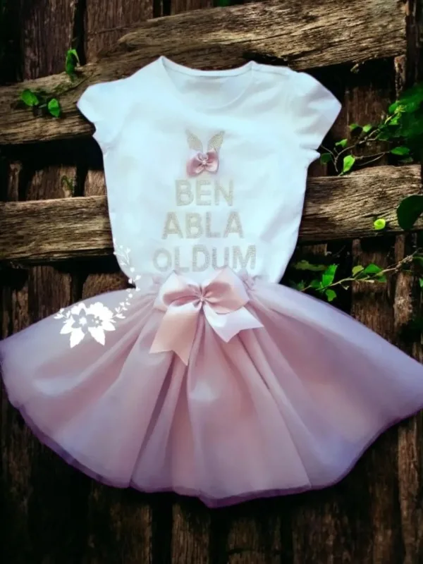 Tütülü Abla Oldum Seti – Tütü Etek, Tişört - Pudra Pembe Fiyonklu
