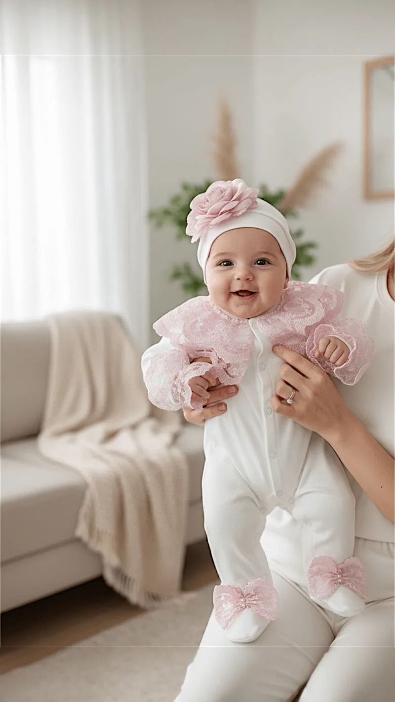 Kız Bebek Pudra Gül Ve Güpür Detaylı Tulum Seti