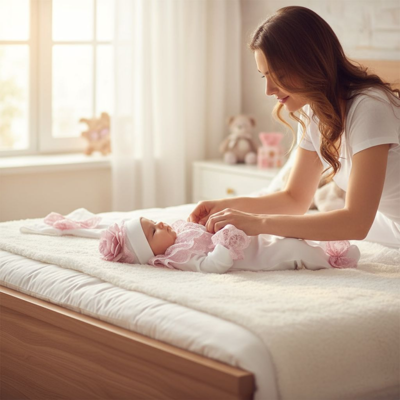 Kız Bebek Pudra Gül Ve Güpür Detaylı Tulum Seti