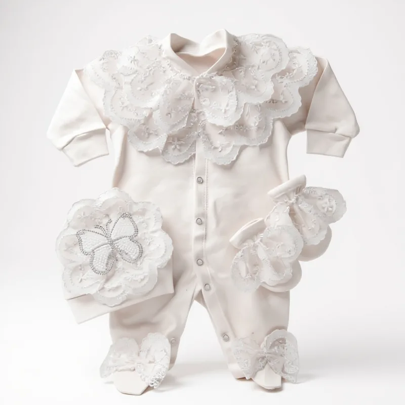 Kelebek Detaylı Tulum Set-Beyaz