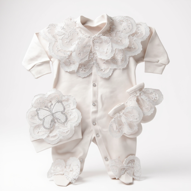 Kelebek Detaylı Tulum Set-Beyaz