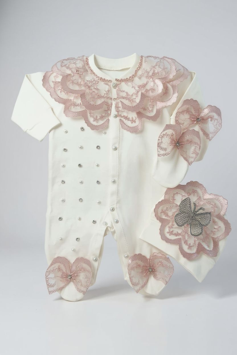 Güpür Ve İnci Detaylı Kız Bebek Tulum Seti-Pudra Detaylı