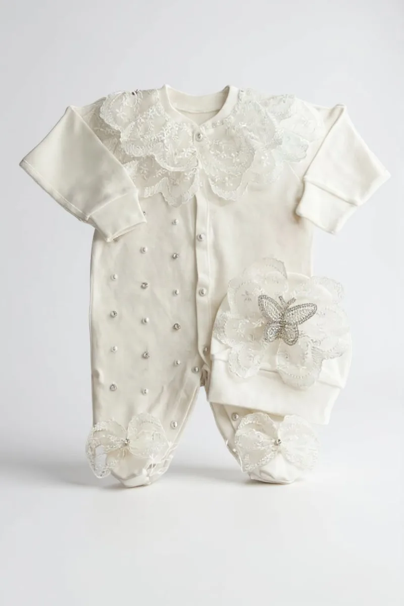 Güpür Ve İnci Detaylı Kız Bebek Hastane Çıkışı Tulum Seti