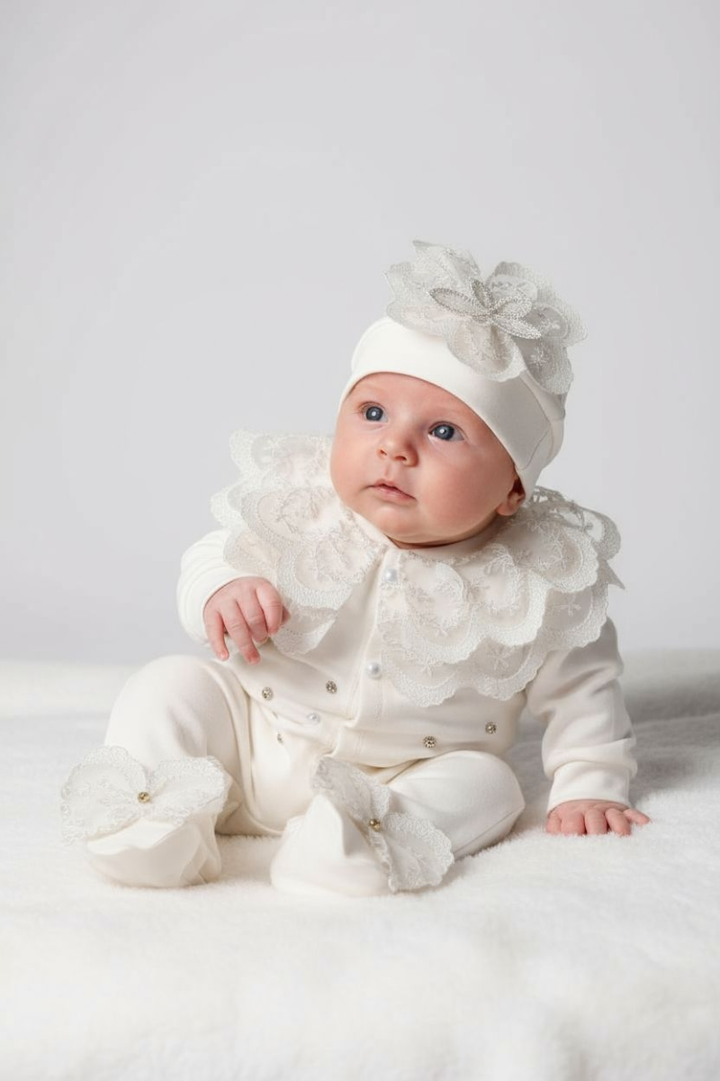 Güpür Ve İnci Detaylı Kız Bebek Hastane Çıkışı Tulum Seti