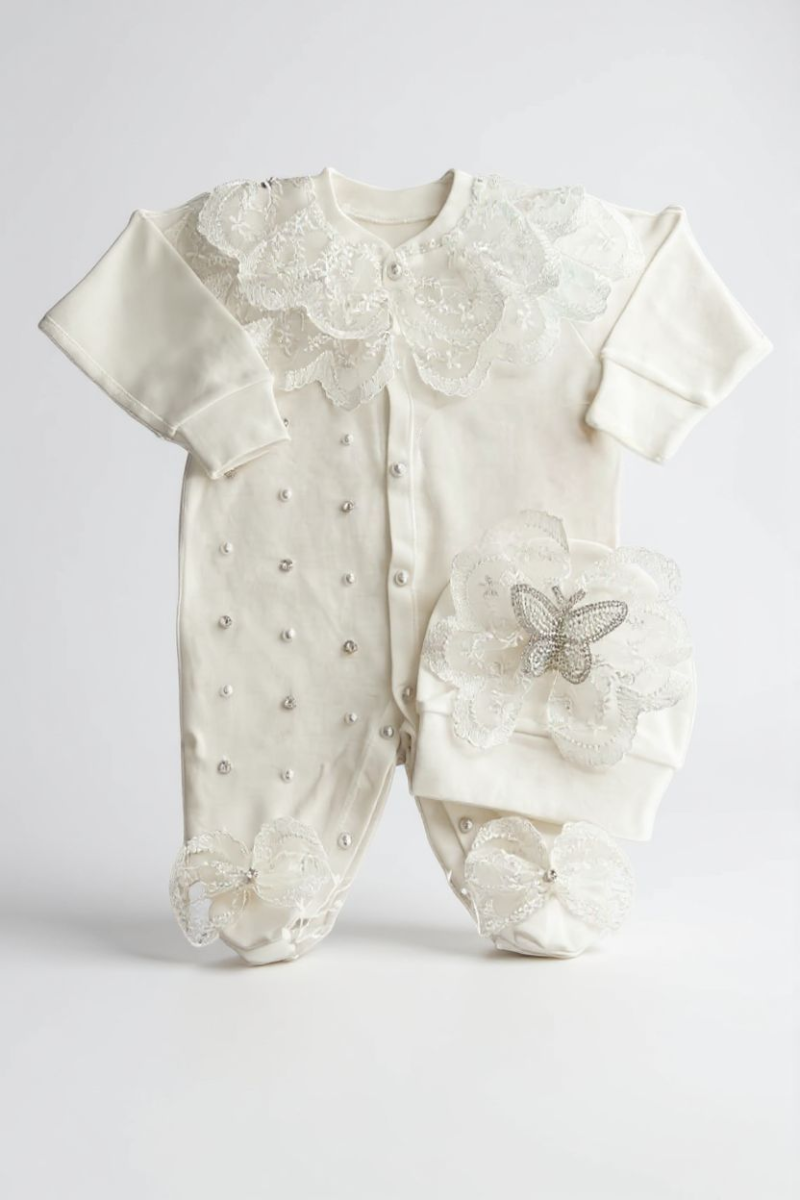 Güpür Ve İnci Detaylı Kız Bebek Hastane Çıkışı Tulum Seti