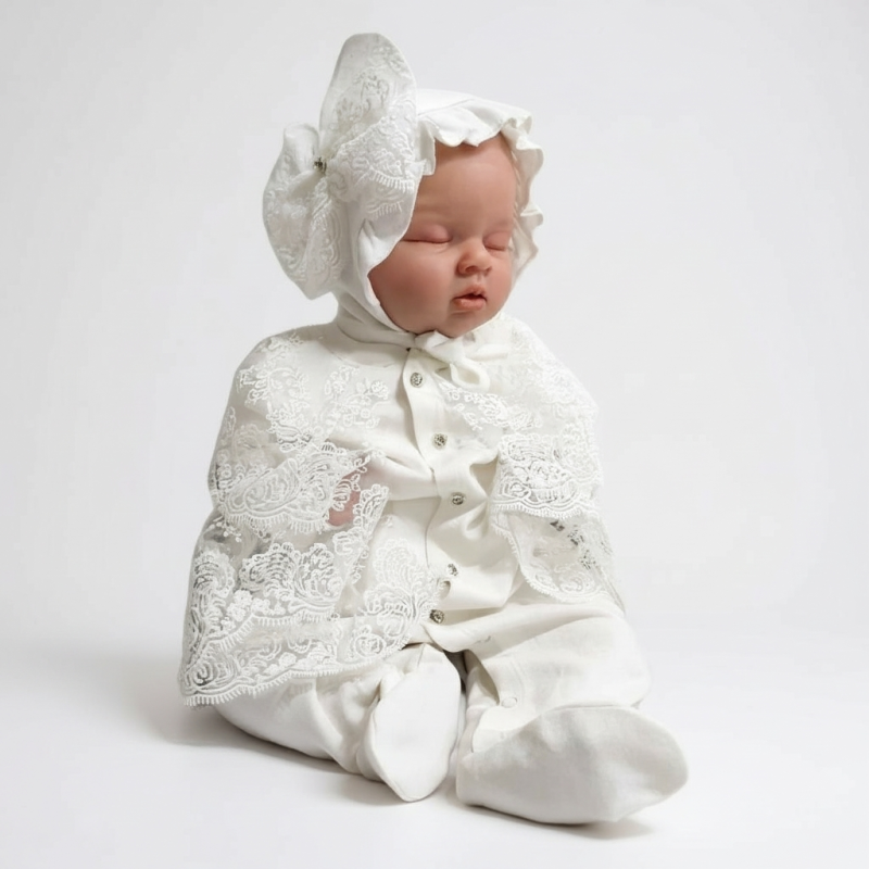 Bonet Şapkalı Fransız Güpürlü Kız Bebek Tulum Seti