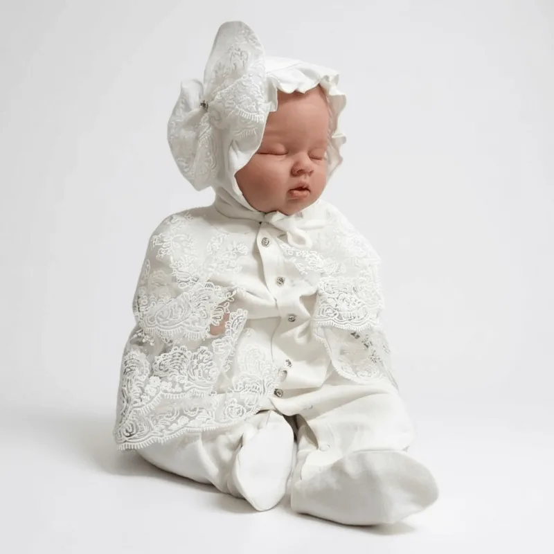 Bonet Şapkalı Fransız Güpürlü Kız Bebek Tulum Seti