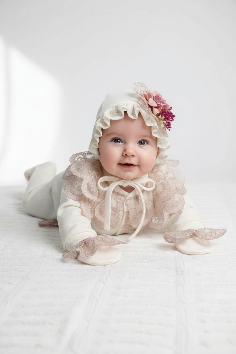 Bonet Şapkalı Pudra Güpürlü Kız Bebek Tulum Seti
