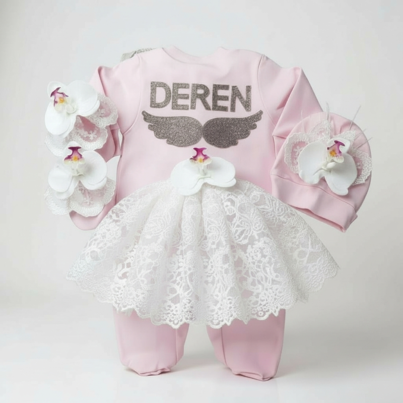 Beyaz Orkideli Pembe Tulum Seti