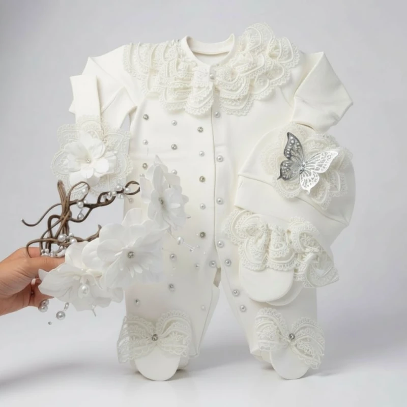 Beyaz Güpürlü Kelebek Detaylı Tulum Ve Taç Seti