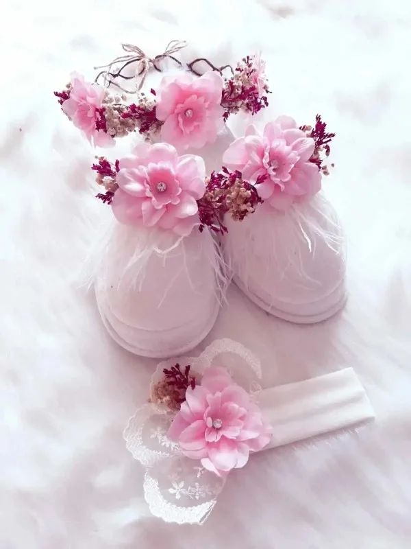 Şeker Pembe Lohusa Taç Terlik Bebek Bandı Seti