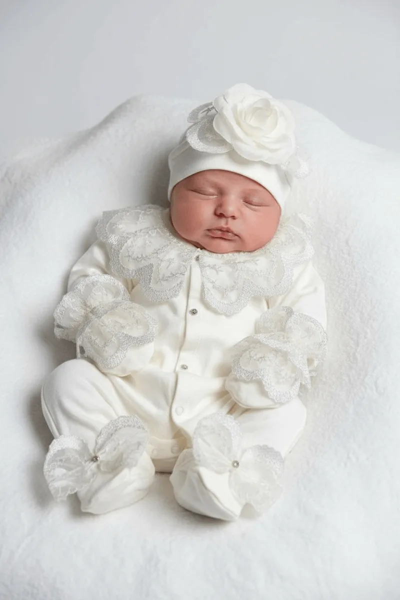 Beyaz Gül Detaylı Tulum Set,Mevlüt Takımı