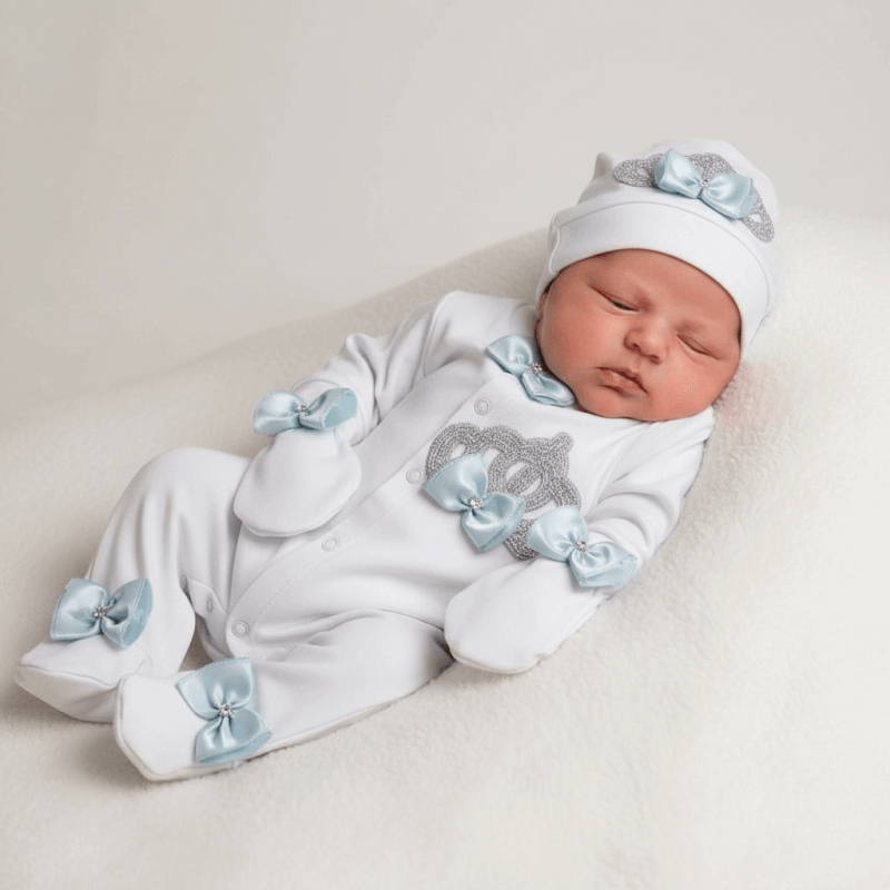 Bebe Mavi Detaylı Kral Taçlı  Erkek Bebek Tulum Seti