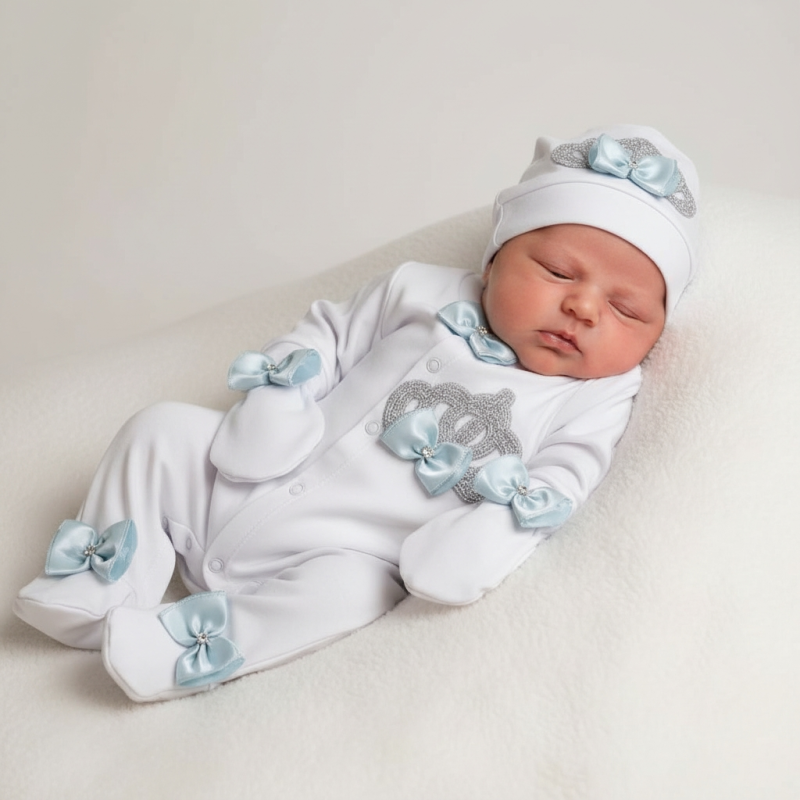 Bebe Mavi Detaylı Kral Taçlı  Erkek Bebek Tulum Seti