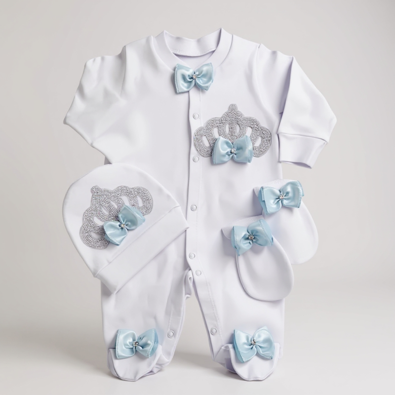 Bebe Mavi Detaylı Kral Taçlı  Erkek Bebek Tulum Seti