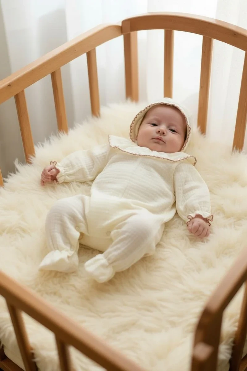 Vintage Müslin Bebek Tulum Ve Şapka Takımı – Krem, El Örgüsü Detaylar