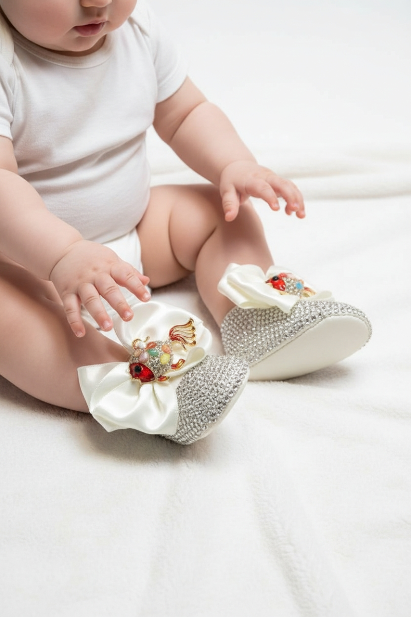 Taş İşlemeli Saten Fiyonklu Kız Bebek Ayakkabısı – Özel Gün & Hastane Çıkışı
