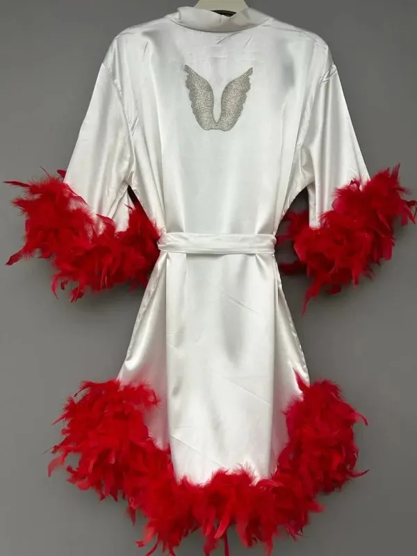 Etekleri Ve Kolları Tüylü Sabahlık-Beyaz/Kırmızı