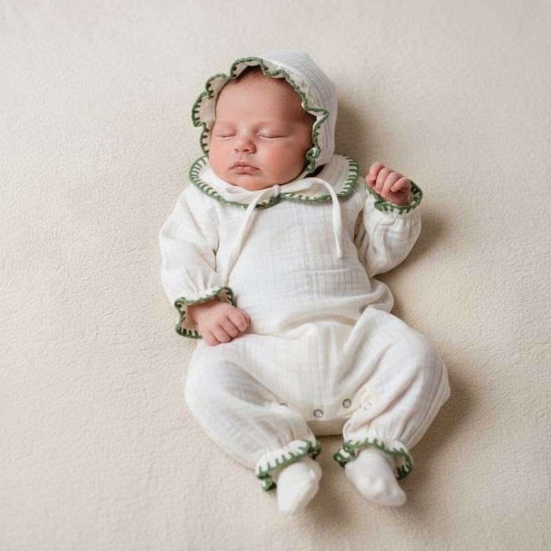 Haki Yeşil İşlemeli 4 Kat Müslin Bebek Tulum Seti l Hastane Çıkışı