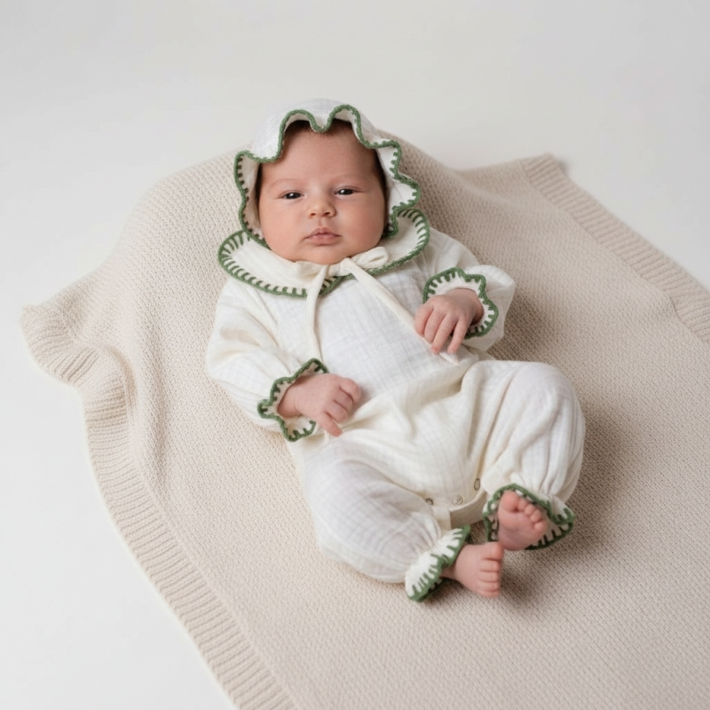 Haki Yeşil İşlemeli 4 Kat Müslin Bebek Tulum Seti l Hastane Çıkışı